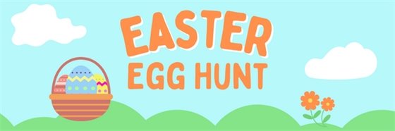 graphic with blue sky and easter basket full of eggs