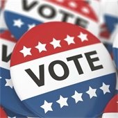 red, white and blue vote pin