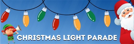 graphic of Christmas lights, santa and an elf on a blue background