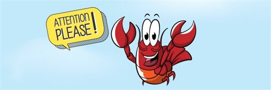 graphic of lobster and yellow sign that says "attention please"