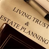 paperwork that reads "living trust and estate planning"