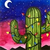 painting of a saguaro cactus with lights at sunset