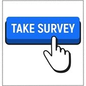 blue button graphic and a finger that says "Take survey"
