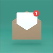 blue background with a brown envelope and a notification symbol