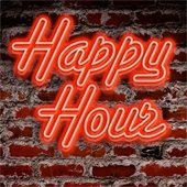 happy hour neon red sign on brick