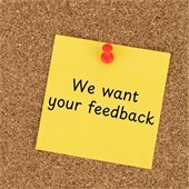 "we want your feedback" on sticky note
