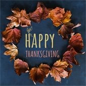 dried leaves on a blue background and "Happy Thanksgiving"