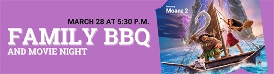 purple screen with moana image and text for family bbq