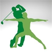 Silhouette of someone swinging a golf club and someone doing yoga