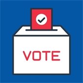 button with red and white and stars that says "vote"