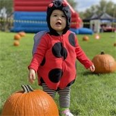 baby in a ladybug costume standing behind a pumpkin